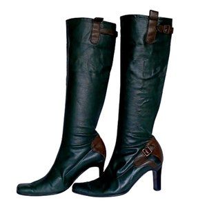 F Mode Dark Avocado/Brown Faux Leather Pull On Heel Boots- Sz. 38/7.5